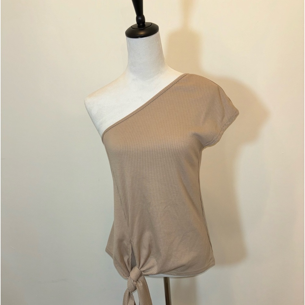 Terea Beige One Shoulder Ribbed Tie Front Top Size S
